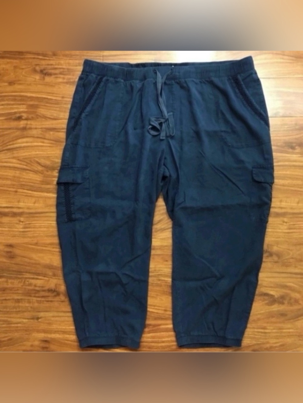 LOGO Lori Goldstein Womens Navy Elastic Waist Drawstring Cargo Capri Joggers 3X